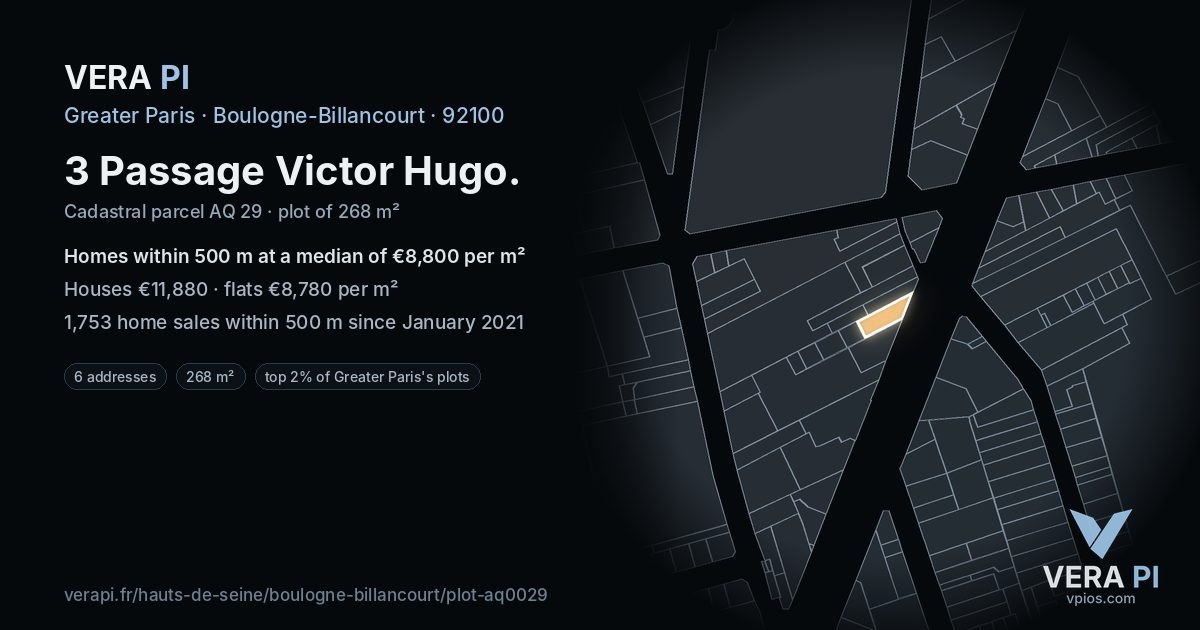 3 Passage Victor Hugo, Boulogne-Billancourt at night – the plot lit, the parcels around coloured by the prices near them
