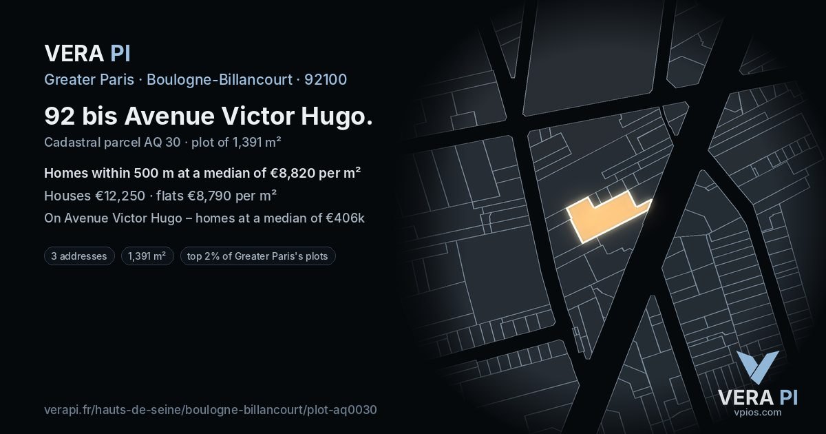 92 bis Avenue Victor Hugo, Boulogne-Billancourt at night – the plot lit, the parcels around coloured by the prices near them