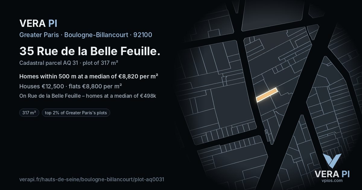 35 Rue de la Belle Feuille, Boulogne-Billancourt at night – the plot lit, the parcels around coloured by the prices near them