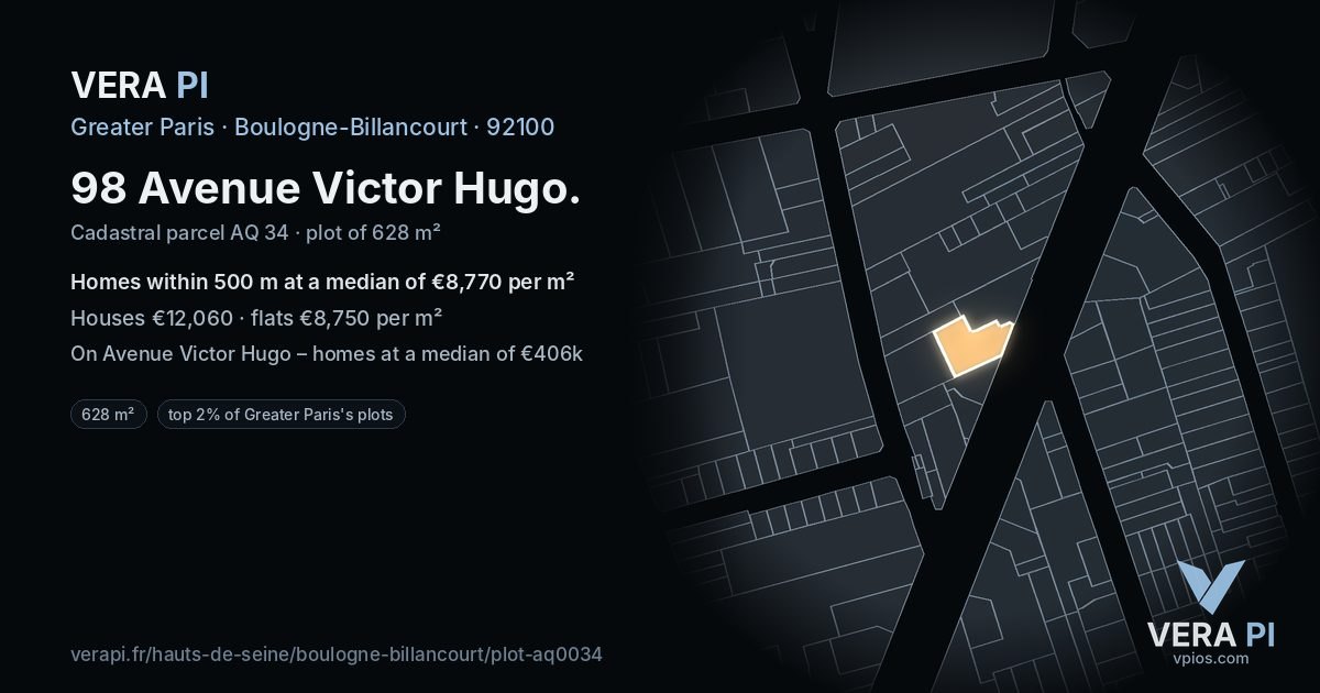98 Avenue Victor Hugo, Boulogne-Billancourt at night – the plot lit, the parcels around coloured by the prices near them