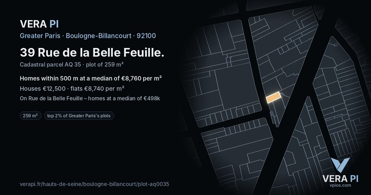 39 Rue de la Belle Feuille, Boulogne-Billancourt at night – the plot lit, the parcels around coloured by the prices near them