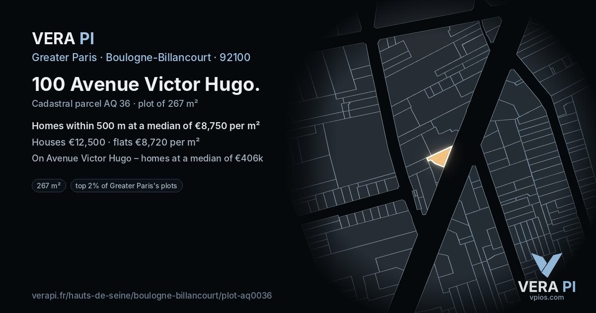 100 Avenue Victor Hugo, Boulogne-Billancourt at night – the plot lit, the parcels around coloured by the prices near them