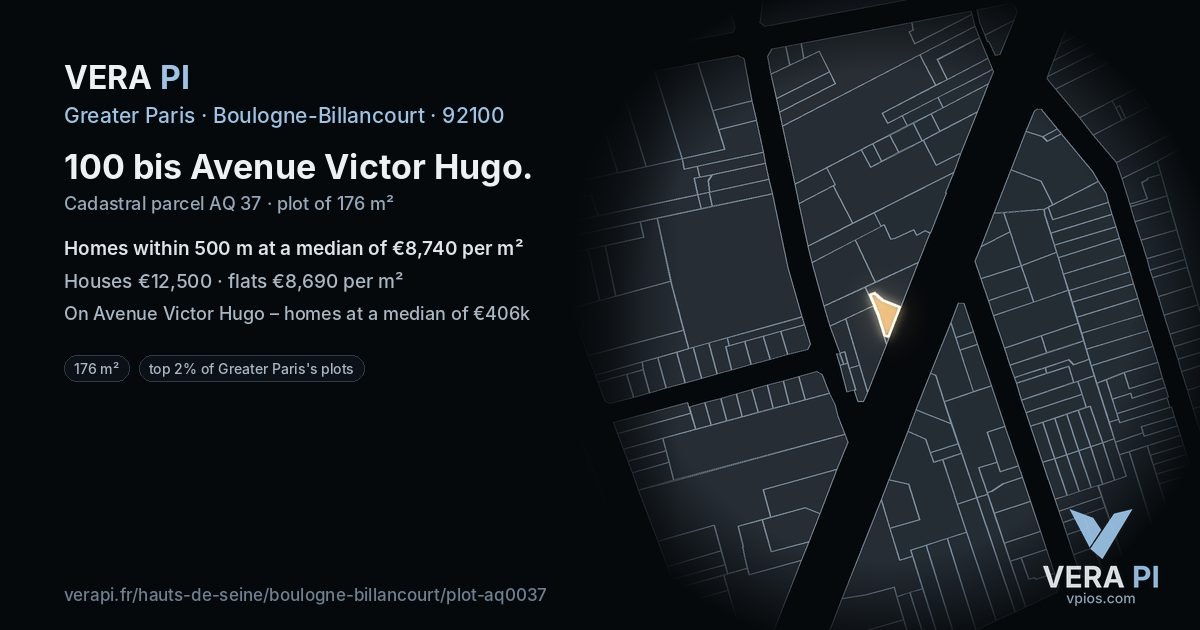 100 bis Avenue Victor Hugo, Boulogne-Billancourt at night – the plot lit, the parcels around coloured by the prices near them