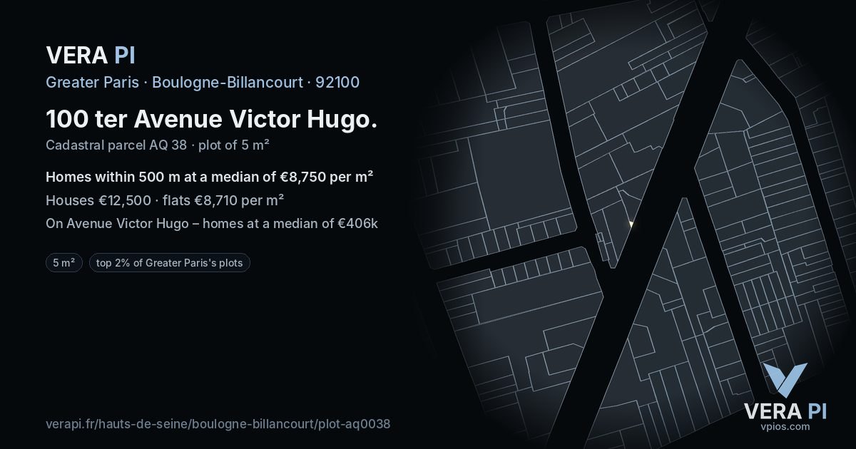 100 ter Avenue Victor Hugo, Boulogne-Billancourt at night – the plot lit, the parcels around coloured by the prices near them