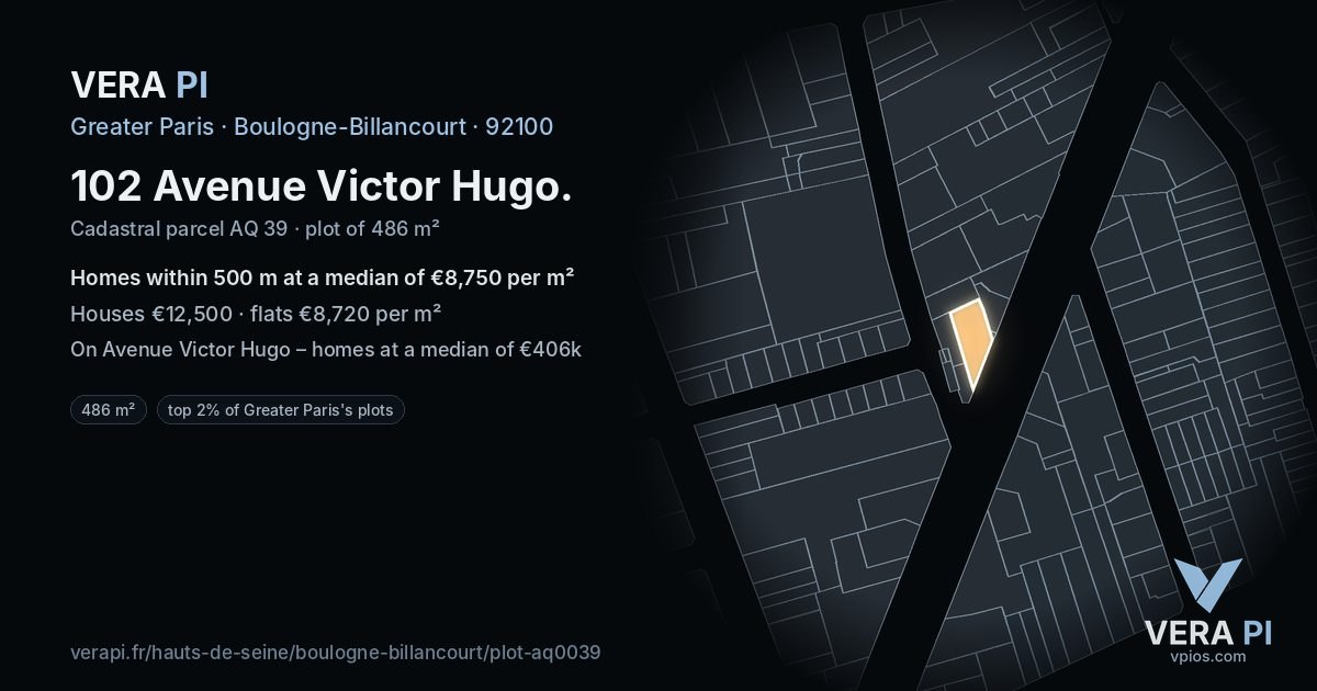 102 Avenue Victor Hugo, Boulogne-Billancourt at night – the plot lit, the parcels around coloured by the prices near them