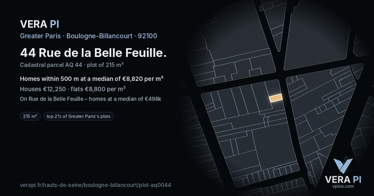 44 Rue de la Belle Feuille, Boulogne-Billancourt at night – the plot lit, the parcels around coloured by the prices near them