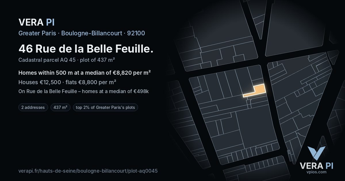 46 Rue de la Belle Feuille, Boulogne-Billancourt at night – the plot lit, the parcels around coloured by the prices near them