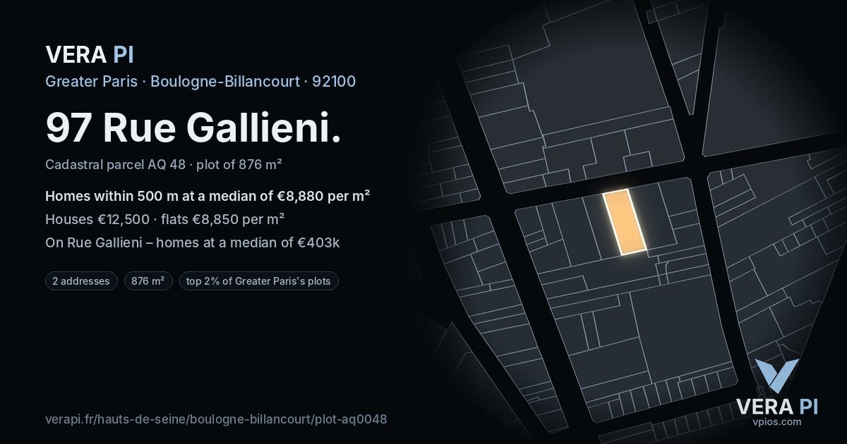 97 Rue Gallieni, Boulogne-Billancourt at night – the plot lit, the parcels around coloured by the prices near them