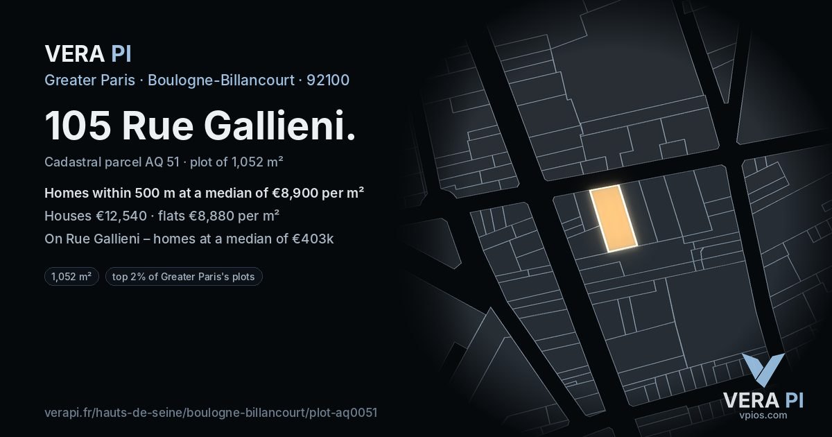 105 Rue Gallieni, Boulogne-Billancourt at night – the plot lit, the parcels around coloured by the prices near them