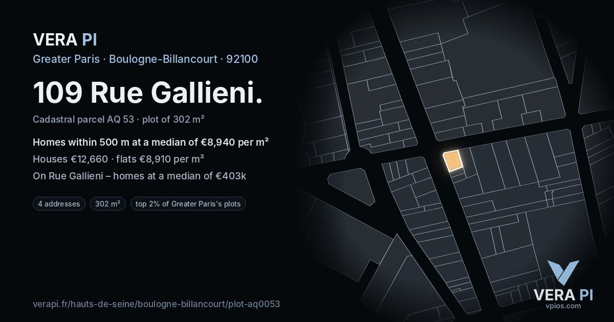109 Rue Gallieni, Boulogne-Billancourt at night – the plot lit, the parcels around coloured by the prices near them