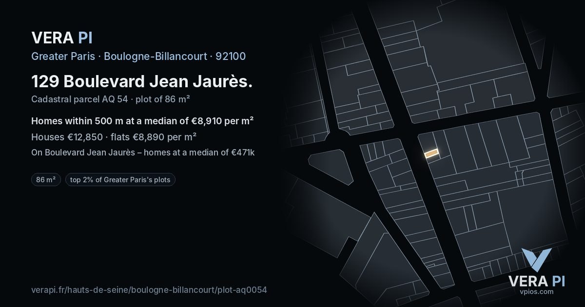 129 Boulevard Jean Jaurès, Boulogne-Billancourt at night – the plot lit, the parcels around coloured by the prices near them
