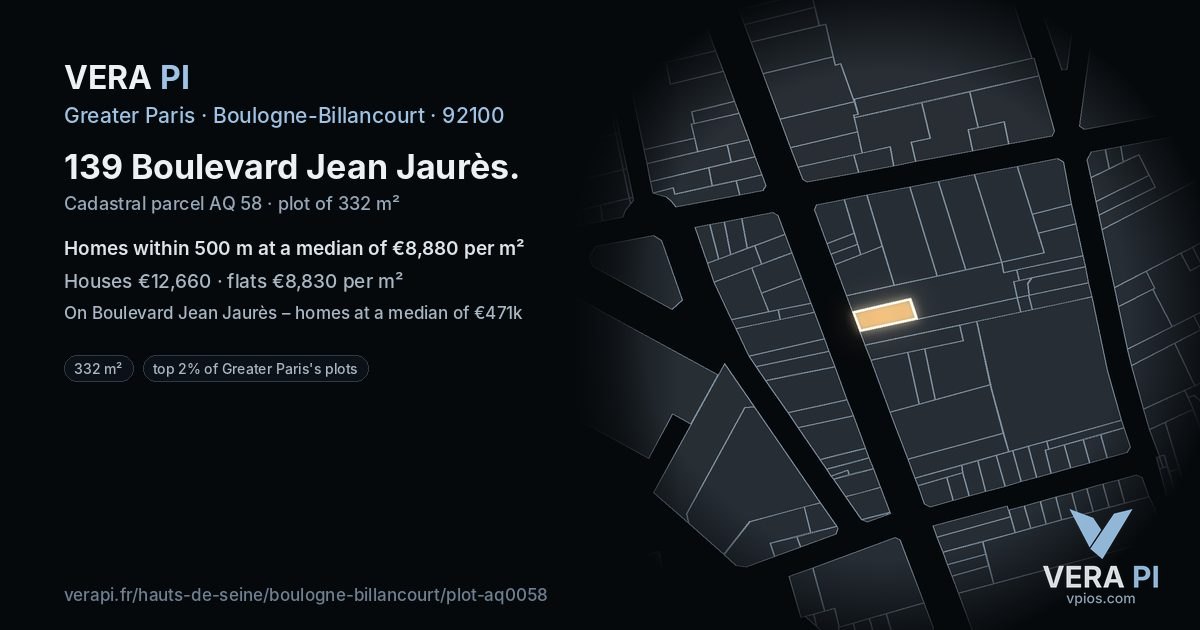 139 Boulevard Jean Jaurès, Boulogne-Billancourt at night – the plot lit, the parcels around coloured by the prices near them