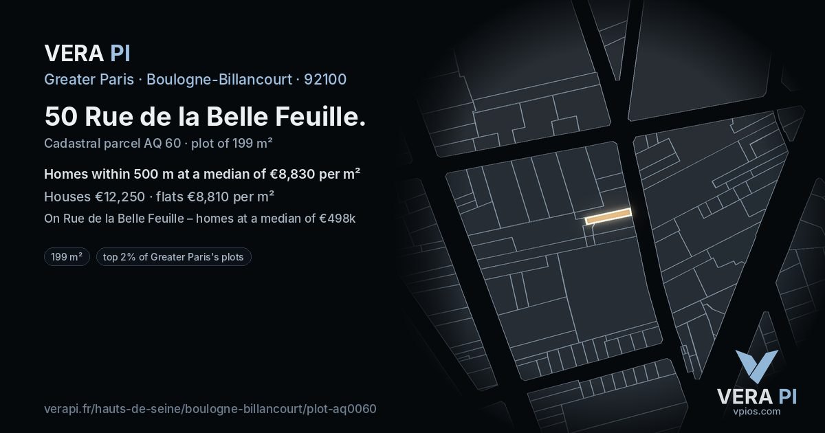 50 Rue de la Belle Feuille, Boulogne-Billancourt at night – the plot lit, the parcels around coloured by the prices near them