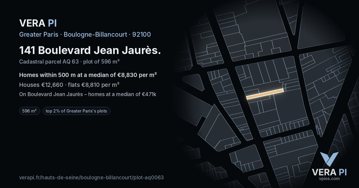 141 Boulevard Jean Jaurès, Boulogne-Billancourt at night – the plot lit, the parcels around coloured by the prices near them