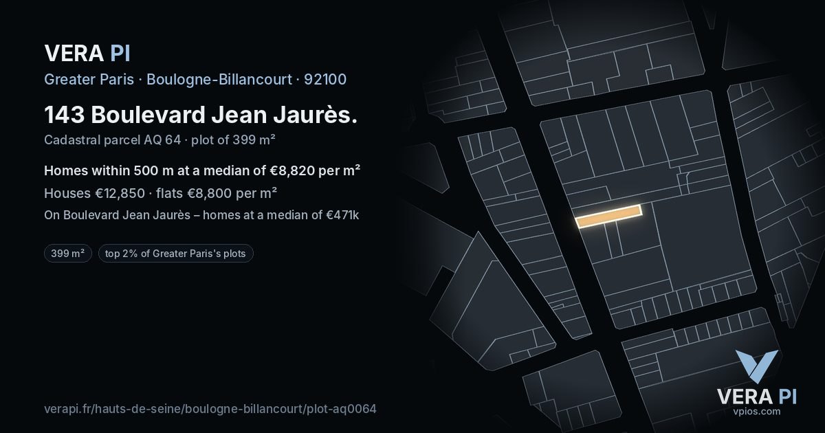 143 Boulevard Jean Jaurès, Boulogne-Billancourt at night – the plot lit, the parcels around coloured by the prices near them