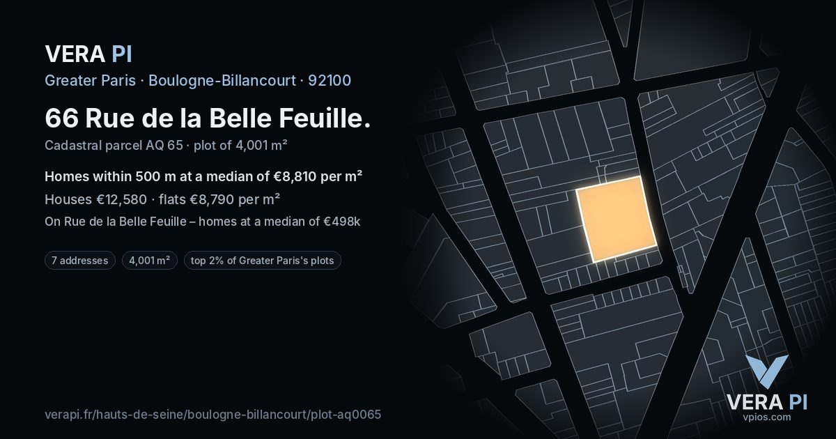 66 Rue de la Belle Feuille, Boulogne-Billancourt at night – the plot lit, the parcels around coloured by the prices near them