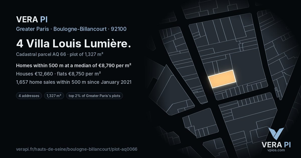 4 Villa Louis Lumière, Boulogne-Billancourt at night – the plot lit, the parcels around coloured by the prices near them