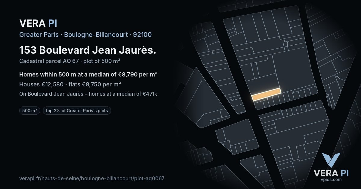 153 Boulevard Jean Jaurès, Boulogne-Billancourt at night – the plot lit, the parcels around coloured by the prices near them