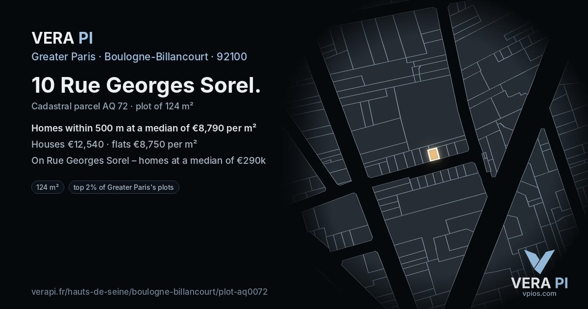 10 Rue Georges Sorel, Boulogne-Billancourt at night – the plot lit, the parcels around coloured by the prices near them
