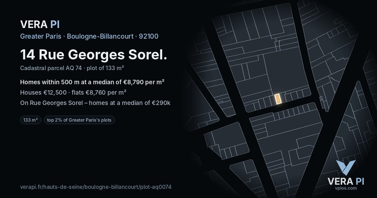 14 Rue Georges Sorel, Boulogne-Billancourt at night – the plot lit, the parcels around coloured by the prices near them