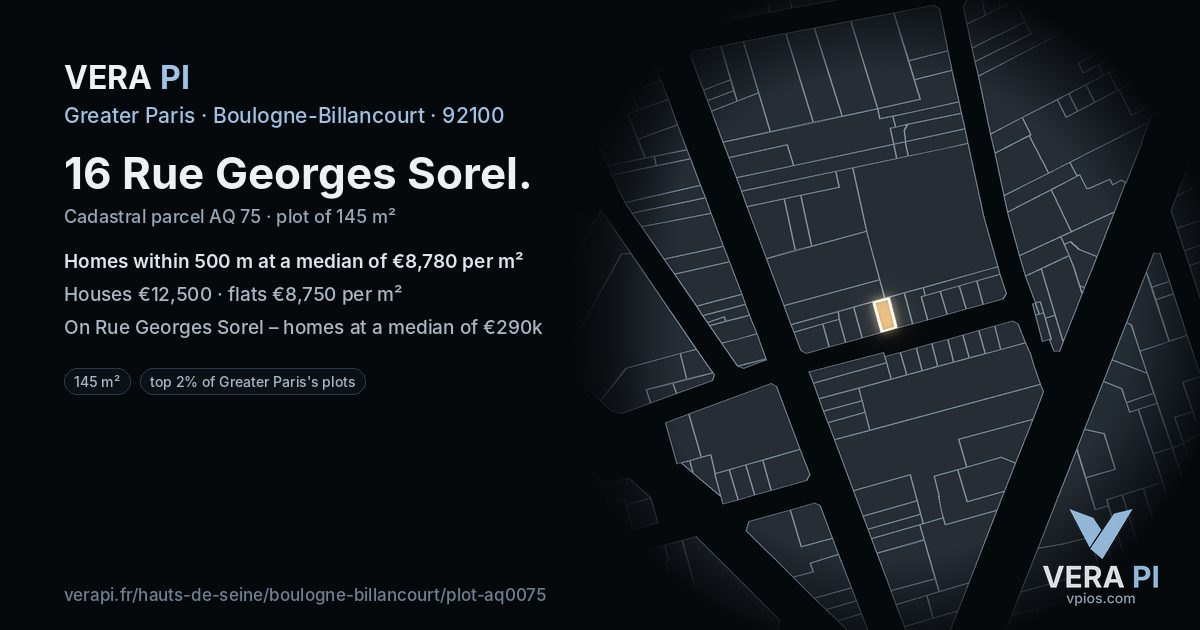 16 Rue Georges Sorel, Boulogne-Billancourt at night – the plot lit, the parcels around coloured by the prices near them