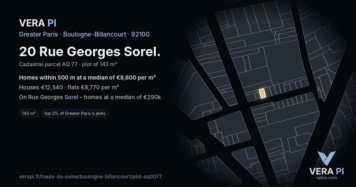 20 Rue Georges Sorel, Boulogne-Billancourt at night – the plot lit, the parcels around coloured by the prices near them