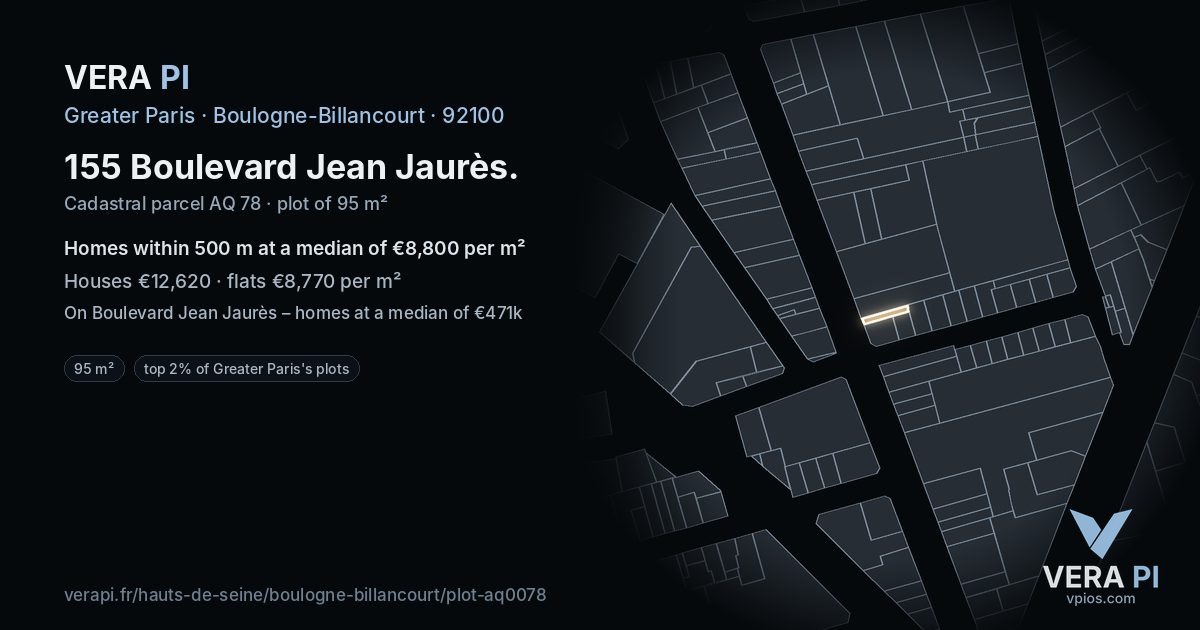 155 Boulevard Jean Jaurès, Boulogne-Billancourt at night – the plot lit, the parcels around coloured by the prices near them
