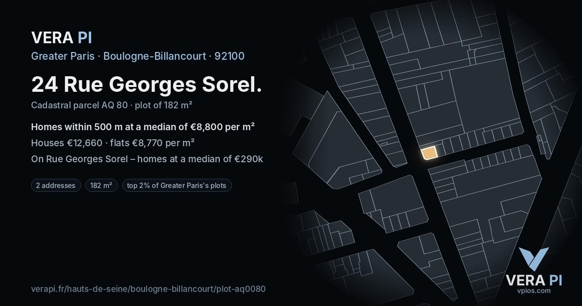 24 Rue Georges Sorel, Boulogne-Billancourt at night – the plot lit, the parcels around coloured by the prices near them