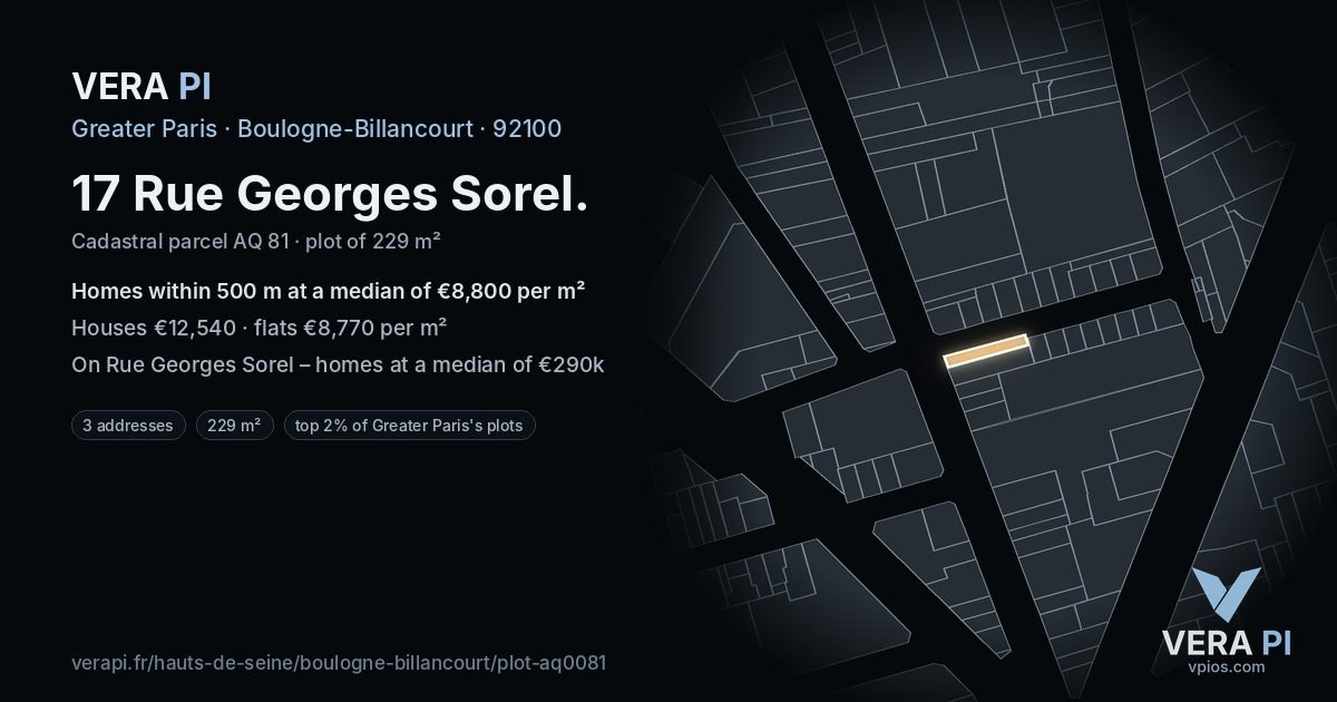 17 Rue Georges Sorel, Boulogne-Billancourt at night – the plot lit, the parcels around coloured by the prices near them