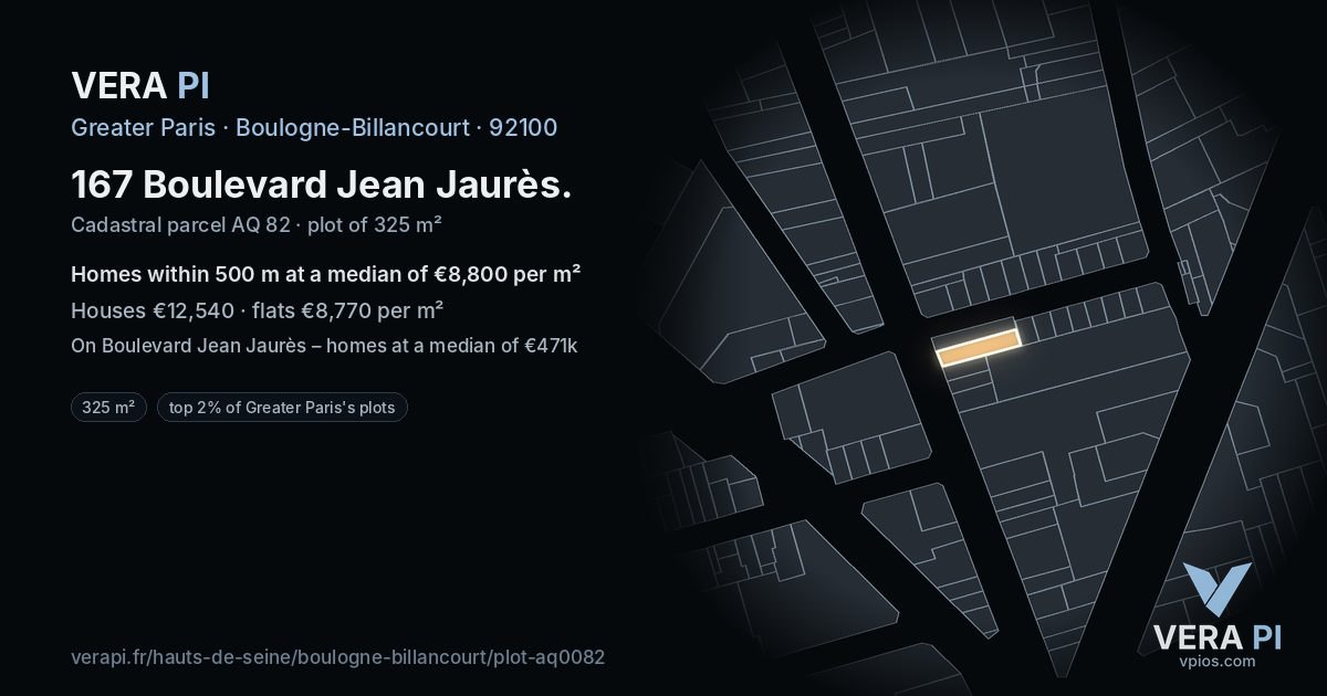 167 Boulevard Jean Jaurès, Boulogne-Billancourt at night – the plot lit, the parcels around coloured by the prices near them