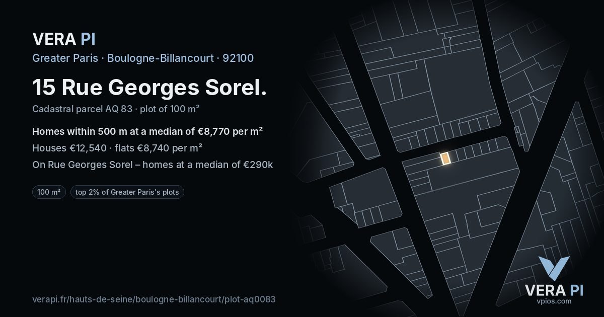 15 Rue Georges Sorel, Boulogne-Billancourt at night – the plot lit, the parcels around coloured by the prices near them