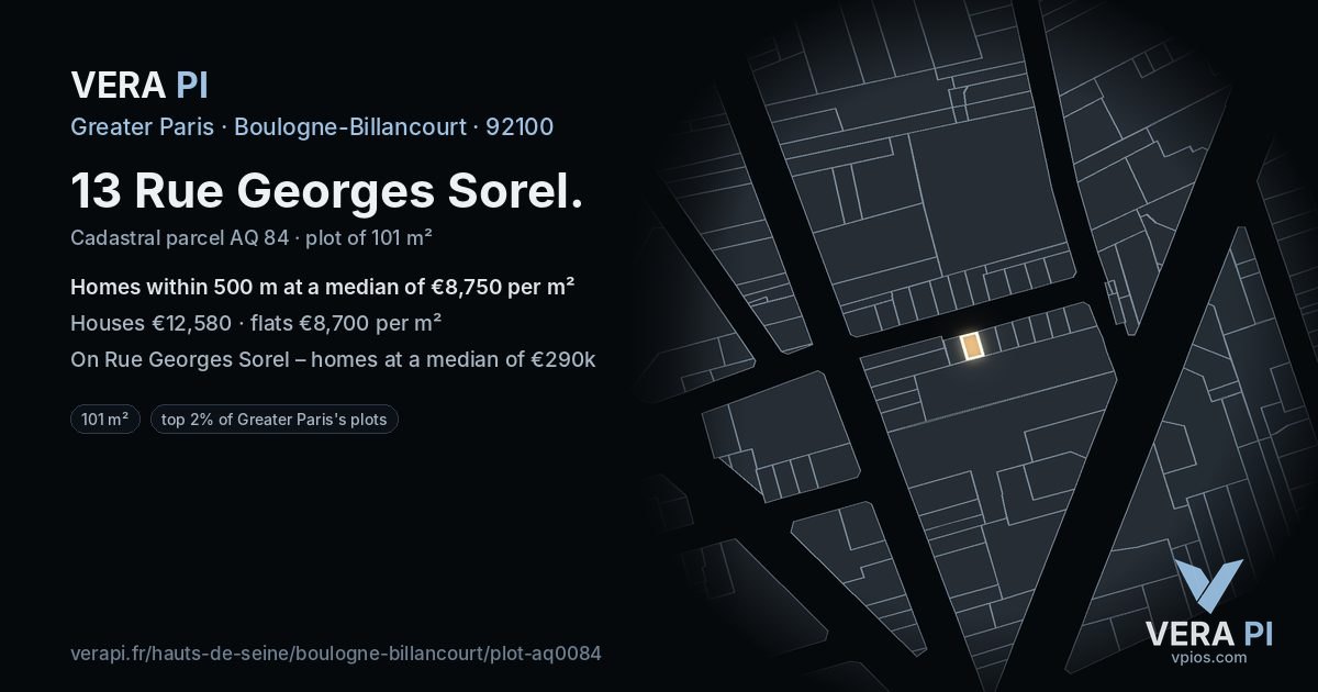 13 Rue Georges Sorel, Boulogne-Billancourt at night – the plot lit, the parcels around coloured by the prices near them