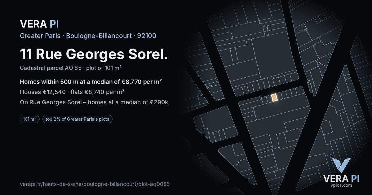 11 Rue Georges Sorel, Boulogne-Billancourt at night – the plot lit, the parcels around coloured by the prices near them