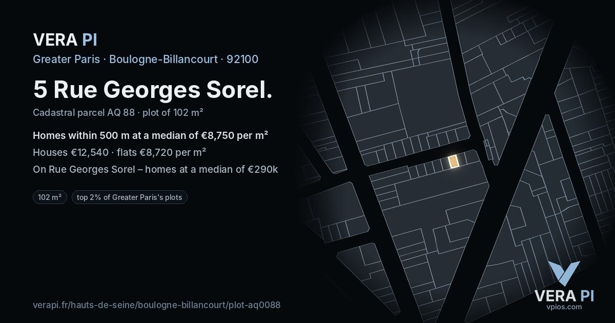 5 Rue Georges Sorel, Boulogne-Billancourt at night – the plot lit, the parcels around coloured by the prices near them