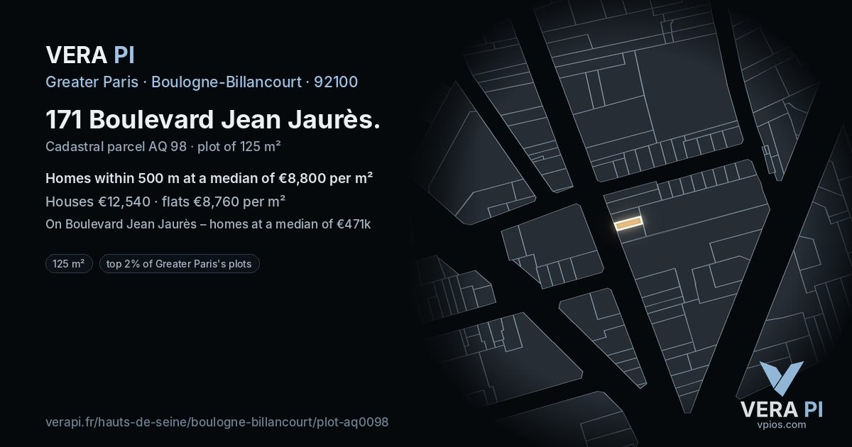 171 Boulevard Jean Jaurès, Boulogne-Billancourt at night – the plot lit, the parcels around coloured by the prices near them