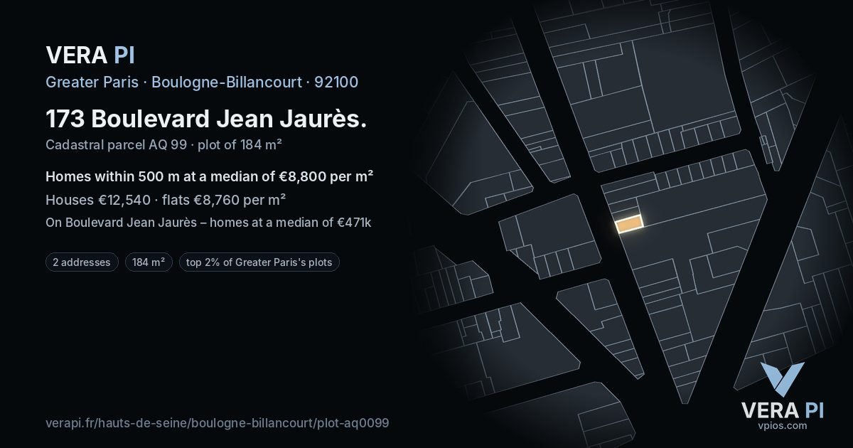 173 Boulevard Jean Jaurès, Boulogne-Billancourt at night – the plot lit, the parcels around coloured by the prices near them