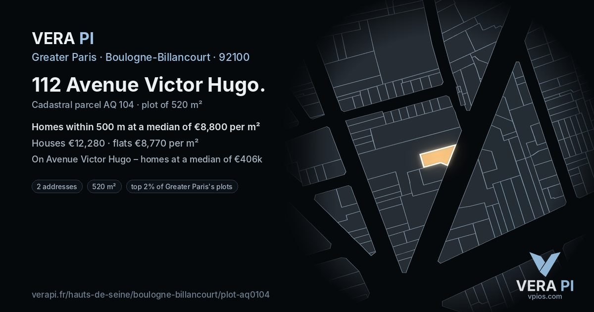 112 Avenue Victor Hugo, Boulogne-Billancourt at night – the plot lit, the parcels around coloured by the prices near them
