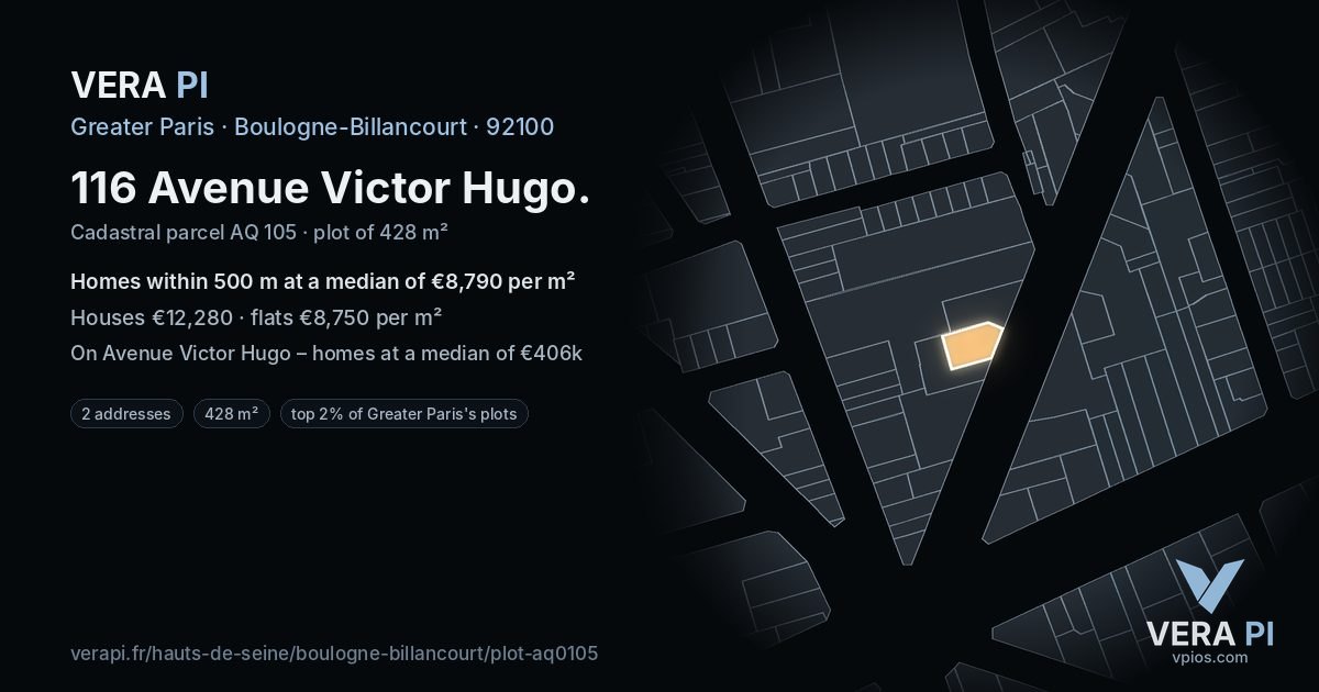 116 Avenue Victor Hugo, Boulogne-Billancourt at night – the plot lit, the parcels around coloured by the prices near them