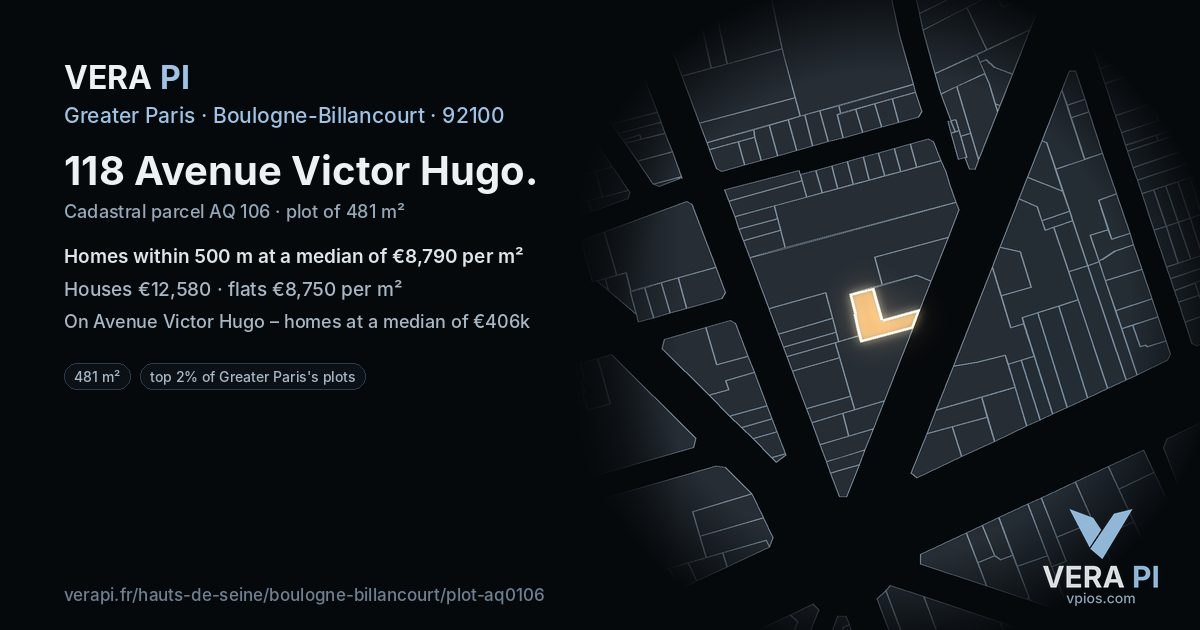 118 Avenue Victor Hugo, Boulogne-Billancourt at night – the plot lit, the parcels around coloured by the prices near them