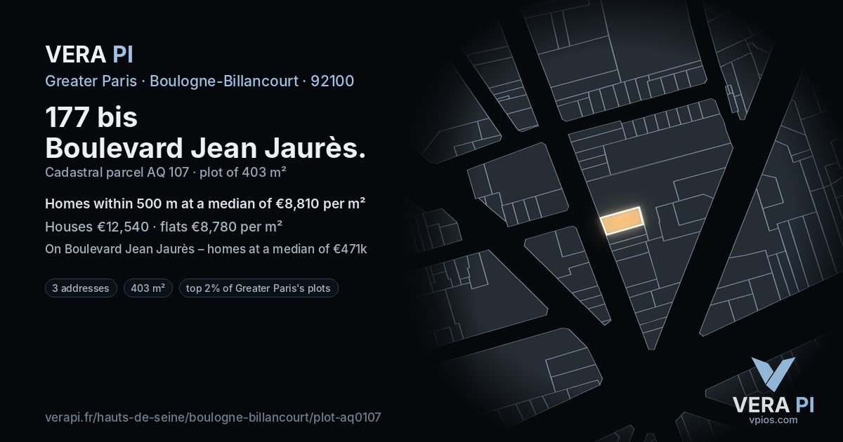 177 bis Boulevard Jean Jaurès, Boulogne-Billancourt at night – the plot lit, the parcels around coloured by the prices near them