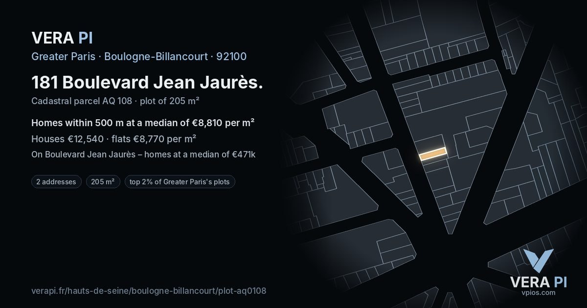 181 Boulevard Jean Jaurès, Boulogne-Billancourt at night – the plot lit, the parcels around coloured by the prices near them
