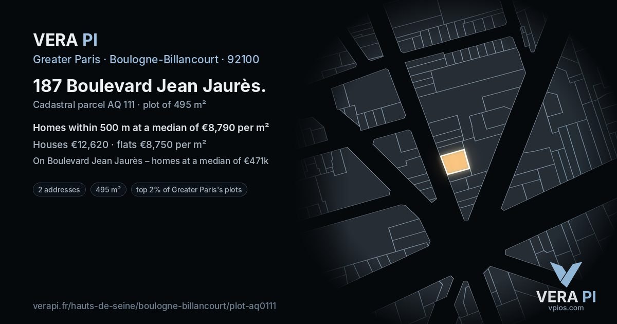187 Boulevard Jean Jaurès, Boulogne-Billancourt at night – the plot lit, the parcels around coloured by the prices near them