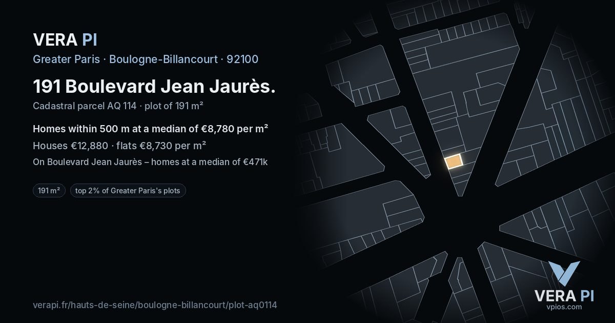 191 Boulevard Jean Jaurès, Boulogne-Billancourt at night – the plot lit, the parcels around coloured by the prices near them