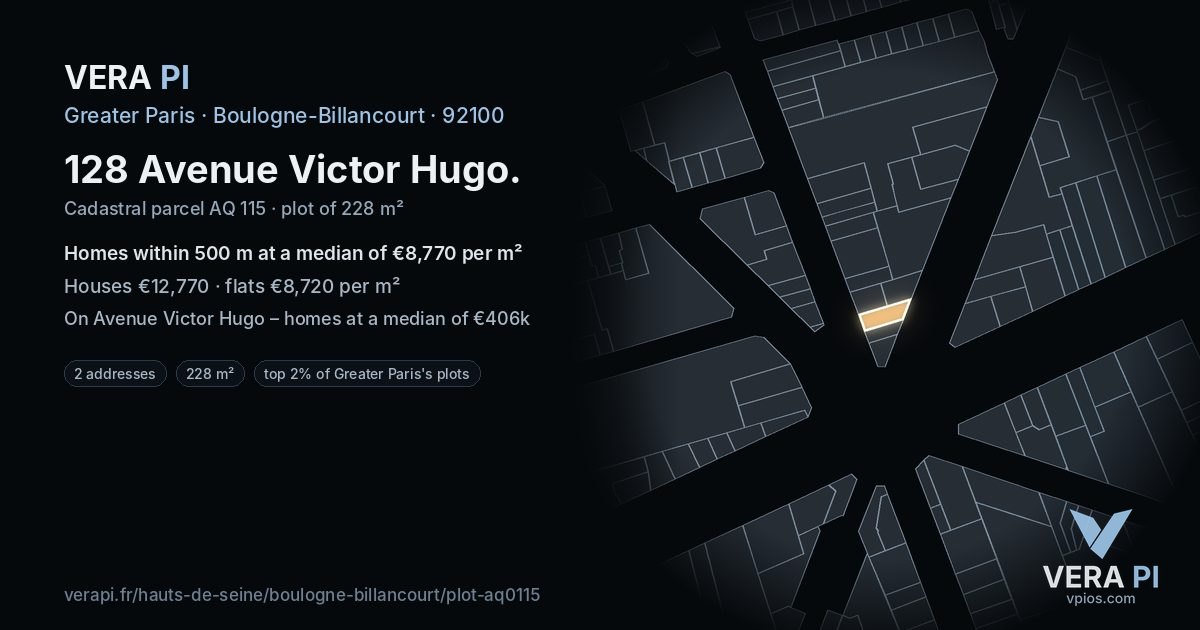 128 Avenue Victor Hugo, Boulogne-Billancourt at night – the plot lit, the parcels around coloured by the prices near them