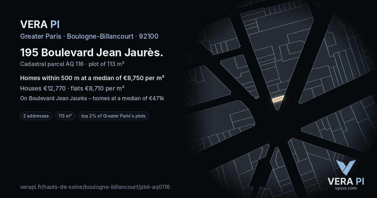 195 Boulevard Jean Jaurès, Boulogne-Billancourt at night – the plot lit, the parcels around coloured by the prices near them