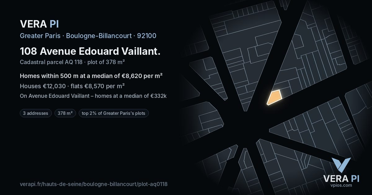 108 Avenue Edouard Vaillant, Boulogne-Billancourt at night – the plot lit, the parcels around coloured by the prices near them