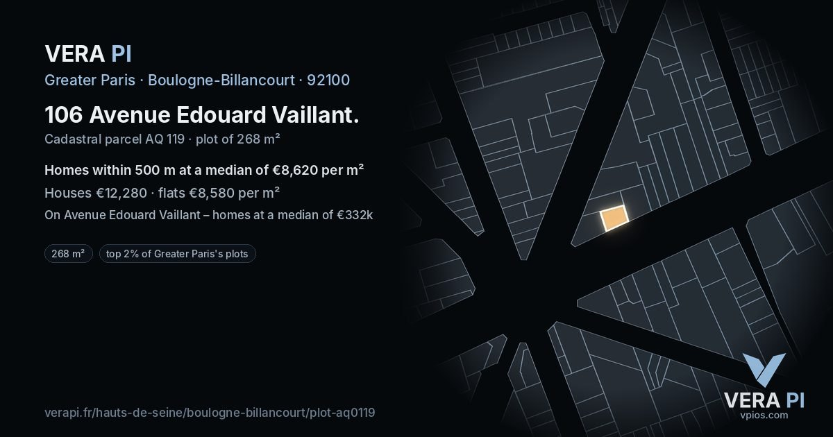 106 Avenue Edouard Vaillant, Boulogne-Billancourt at night – the plot lit, the parcels around coloured by the prices near them