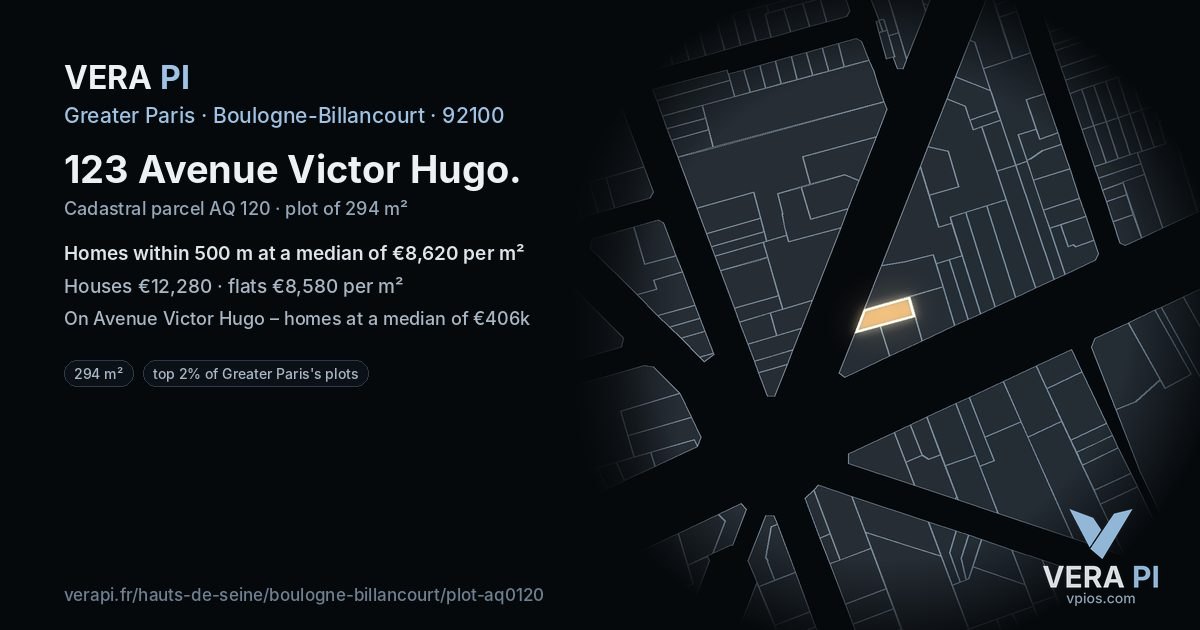 123 Avenue Victor Hugo, Boulogne-Billancourt at night – the plot lit, the parcels around coloured by the prices near them