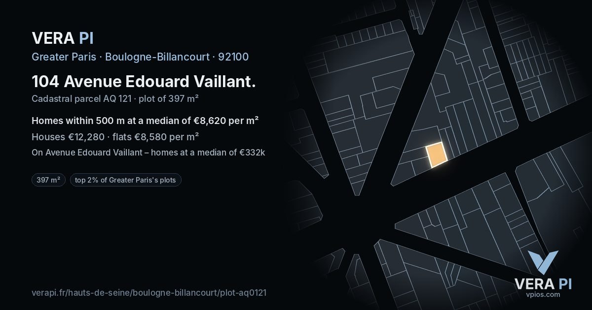 104 Avenue Edouard Vaillant, Boulogne-Billancourt at night – the plot lit, the parcels around coloured by the prices near them
