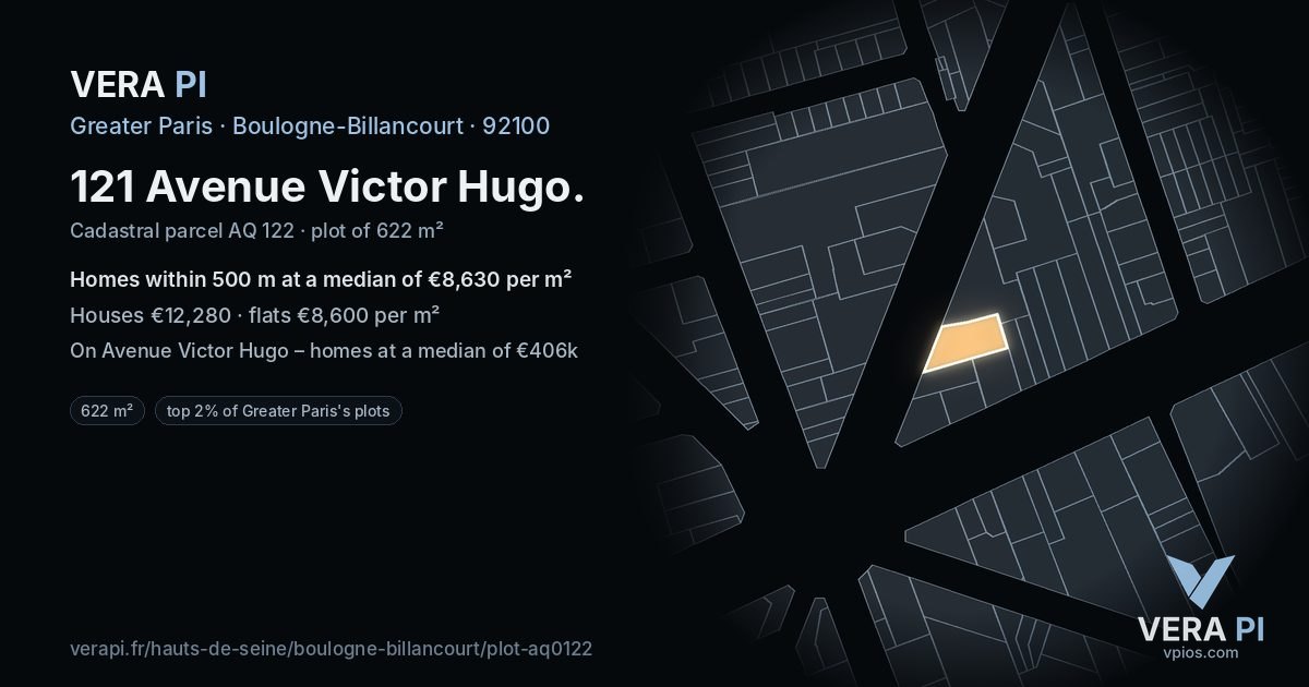 121 Avenue Victor Hugo, Boulogne-Billancourt at night – the plot lit, the parcels around coloured by the prices near them